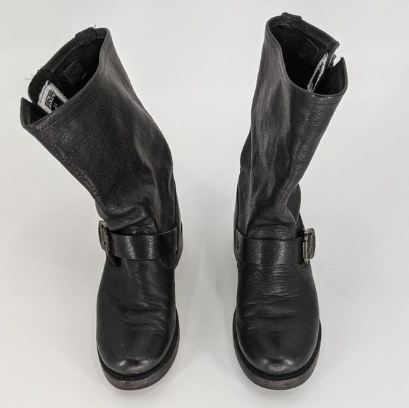 Frye Veronica Short Black Leather Buckle Boots - Picture 4 of 11